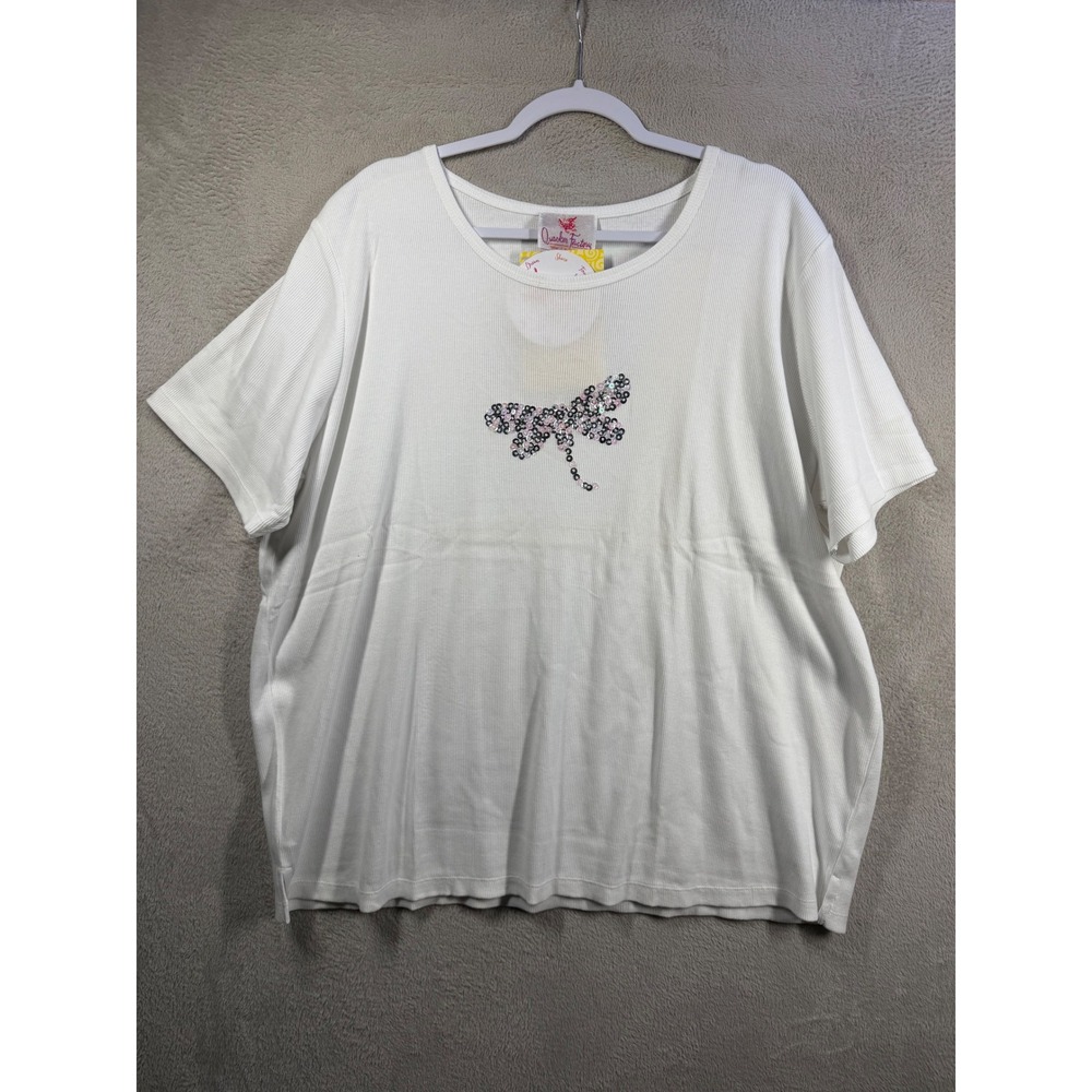 Quacker Factory T-Shirt Women 2X White Sequin Dragonfly Ribbed Cotton Top A5530